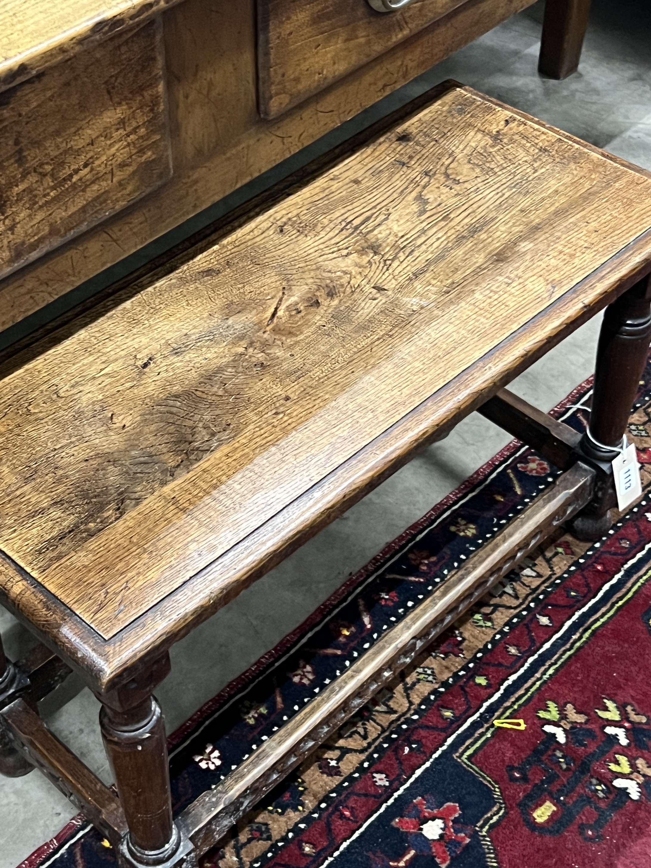 A 17th century style rectangular oak joint stool, width 72cm, depth 32cm, height 45cm